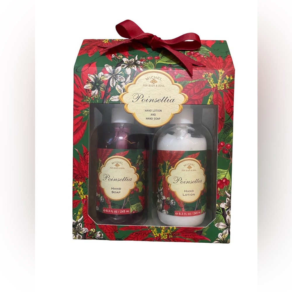 NEW 2 PC MICHEL FOR BODY & SOUL POINSETTIA HAND LOTION & HAND SOAP SET 8.3 OZ EA